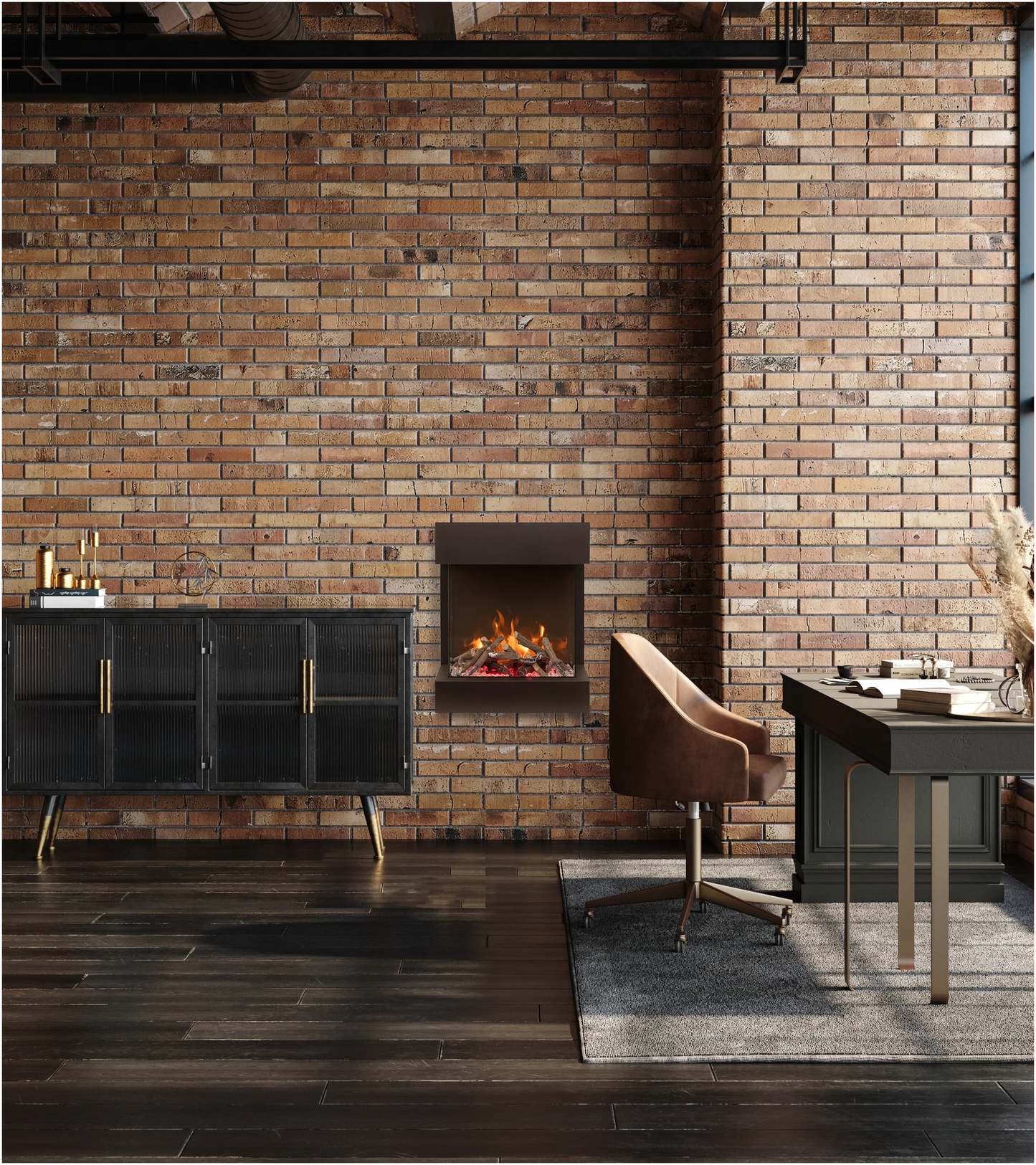 Amantii TRU-VIEW Cube LUMINA 20-Inch 3-Sided Smart Electric Fireplace (CUBE-2025WM-LUMINA) - Wall-mounted electric fireplace against brick wall.