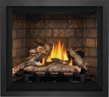 Napoleon Elevation™ Series Direct Vent Gas Fireplace - Fireplace with burning logs and flames against a brick wall.