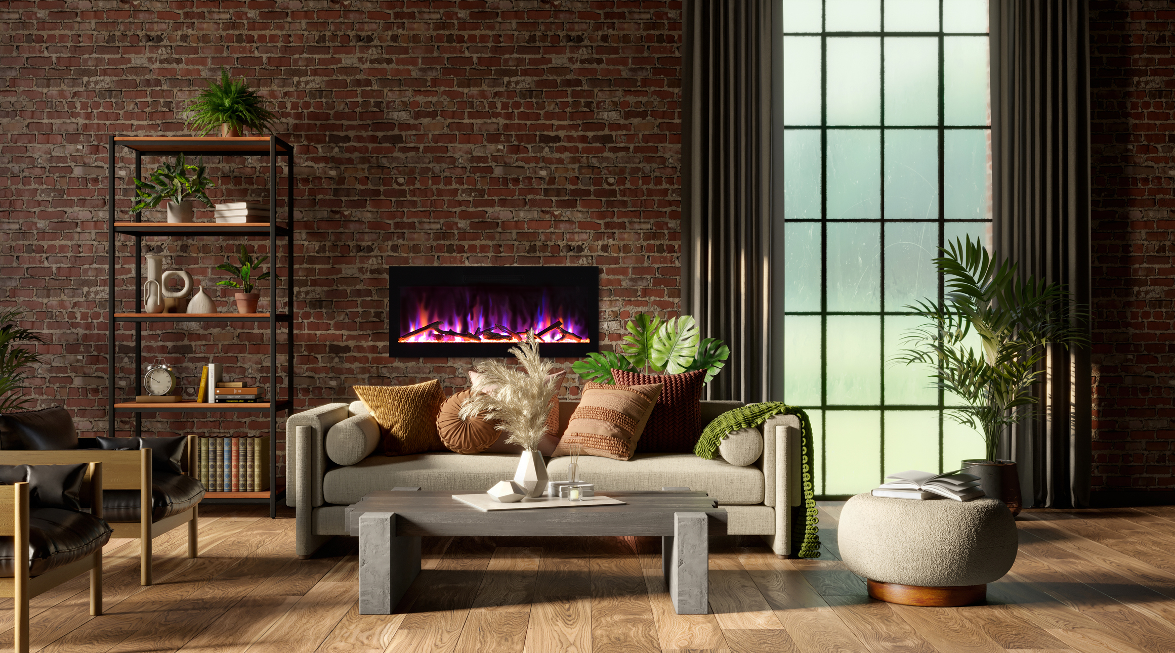Evolution 60″ WiFi Enabled Wall Mounted Electric Fireplace - against a brick wall 