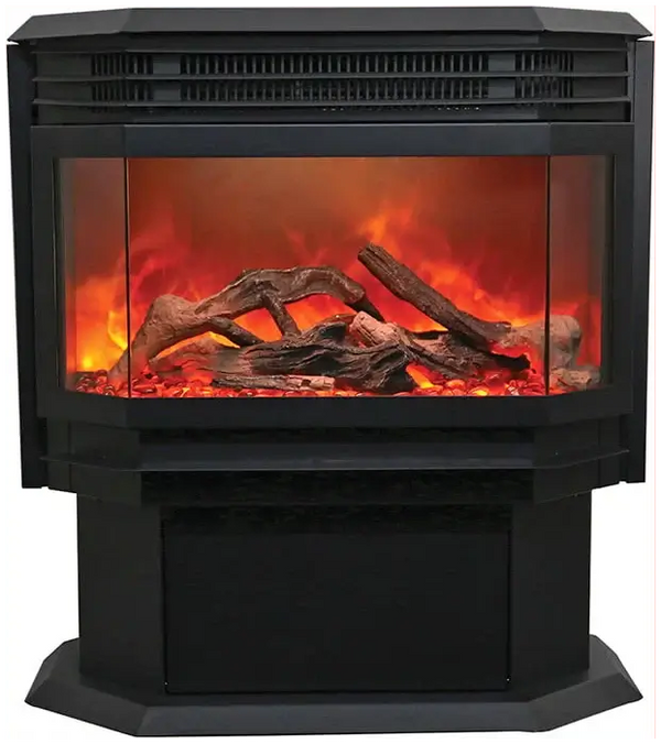 Amantii FS-26-922-LUMINA Freestanding Electric Fireplace - Black electric fireplace with glowing logs and flames on a white background