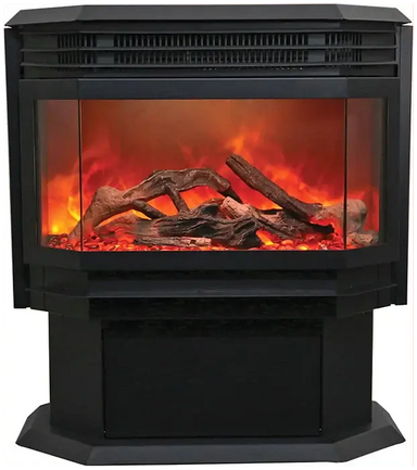 Amantii FS-26-922-LUMINA Freestanding Electric Fireplace - Black electric fireplace with glowing logs and flames on a white background