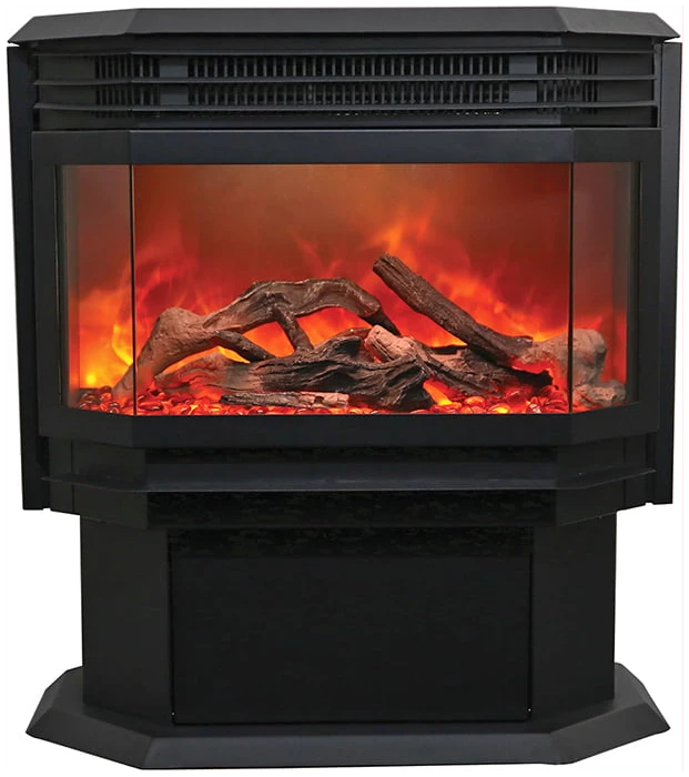 Amantii FS-26-922-LUMINA Freestanding Electric Fireplace - Black electric fireplace with glowing logs and flames on a white background