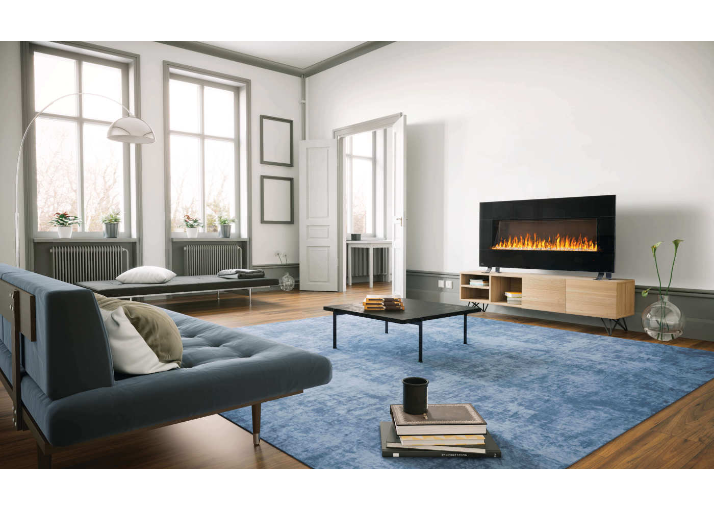Napoleon Harsten 50 Electric Linear Fireplace - Modern living room with a gray sofa, blue rug, and electric fireplace.