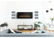 Napoleon Harsten 50 Electric Linear Fireplace - Modern living room with a wall-mounted electric fireplace, gray sofa, and decorative elements.