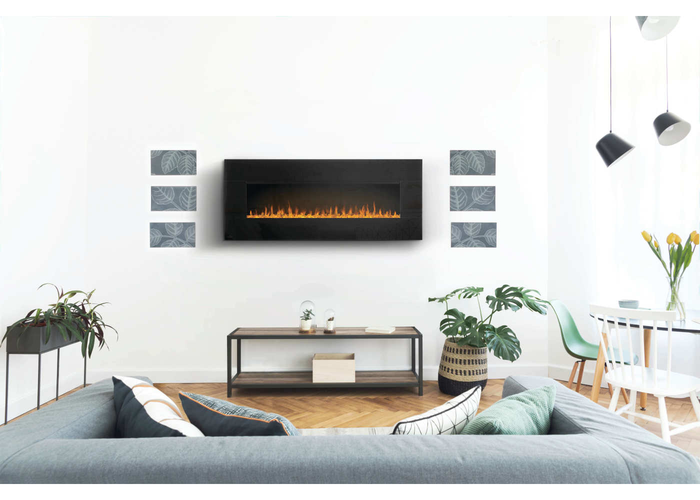 Napoleon Harsten 50 Electric Linear Fireplace - Modern living room with a wall-mounted electric fireplace, gray sofa, and decorative elements.