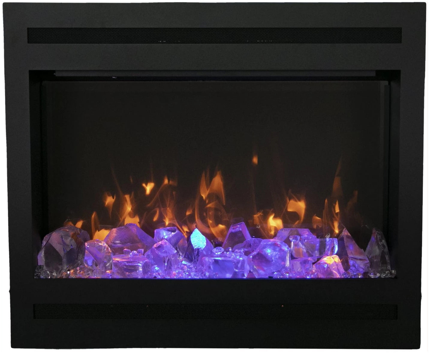 Amantii 31" ZECL 3228 STL Electric Fireplace - with flames and ice-like crystals inside a black frame.