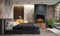 Napoleon Elevation™ Electric Series Built-in Electric Fireplace - Modern bedroom with a bed, fireplace, and large window.