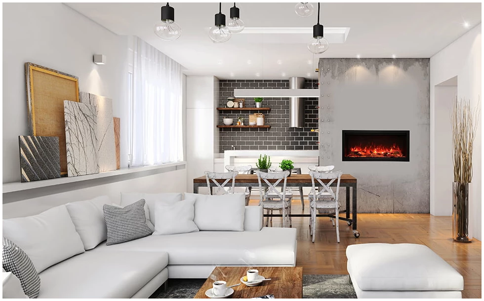 Amantii Symmetry XT Lumina Electric Fireplace - Modern living room with white sofa, coffee table, and fireplace.