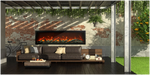 Amantii Symmetry XT Lumina Electric Fireplace - Outdoor living space with a fireplace, sofa, and bicycle against a brick wall.