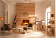 Amantii TRD Signature Series TRD-38-SIG - Modern living room with wooden wall, fireplace, and furniture.