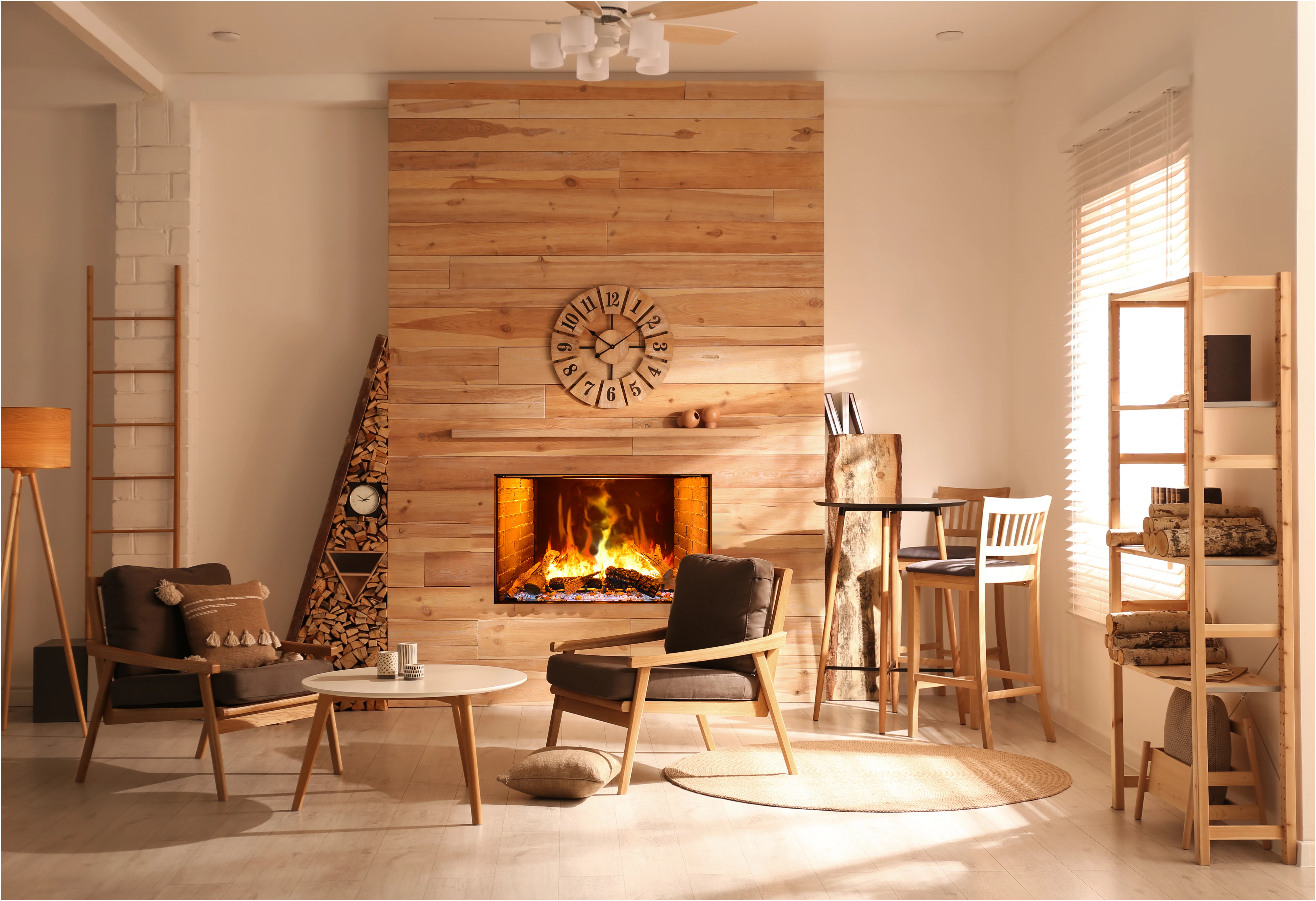 Amantii TRD Signature Series TRD-38-SIG - Modern living room with wooden wall, fireplace, and furniture.