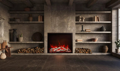 Amantii TRD-30-BESPOKE Electric Fireplace - Modern living room with a fireplace and shelves displaying decorative items.