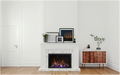 Amantii TRD Lumina Electric Fireplace - Modern living room with a marble fireplace and wooden side table.