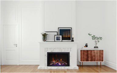 Amantii TRD Lumina Electric Fireplace - Modern living room with a marble fireplace and wooden side table.