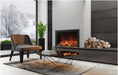 Amantii TRD-30-BESPOKE Electric Fireplace - Modern living room with electric fireplace, armchair, and stacked logs.