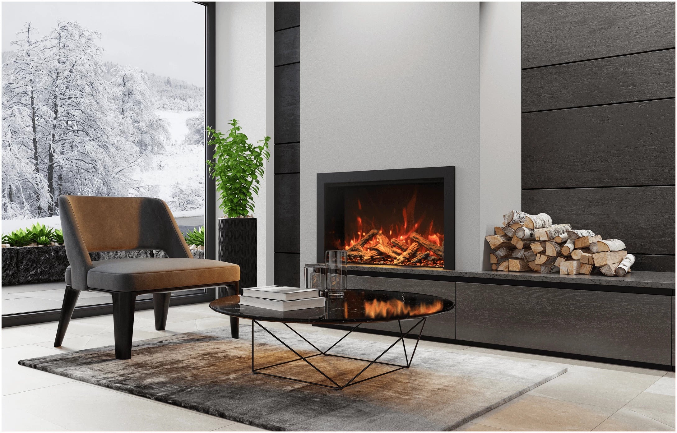 Amantii TRD-30-BESPOKE Electric Fireplace - Modern living room with electric fireplace, armchair, and stacked logs.