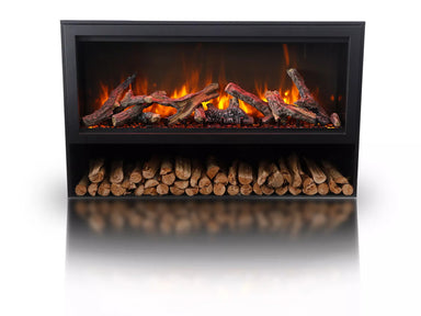 Amantii Pedestal Display for Electric Fireplaces TRD-BLK-PDS - Modern electric fireplace with glowing logs and firewood on a white background