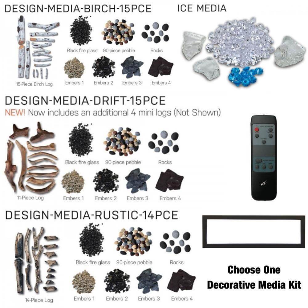 Amantii Panorama XT 40-Inch Indoor /Outdoor Smart Electric Fireplace (BI-40-DEEP-XT) - An assortment of decorative media kits arranged.