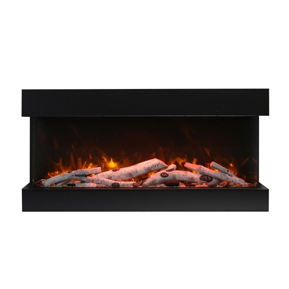 Amantii TRU-VIEW 50-Inch Indoor /Outdoor 3-Sided Smart Electric Fireplace (50-TRU-VIEW-XL) - A modern electric fireplace with burning logs.