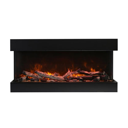 Amantii TRU-VIEW 50-Inch Indoor /Outdoor 3-Sided Smart Electric Fireplace (50-TRU-VIEW-XL) - An electric fireplace featuring burnt logs.