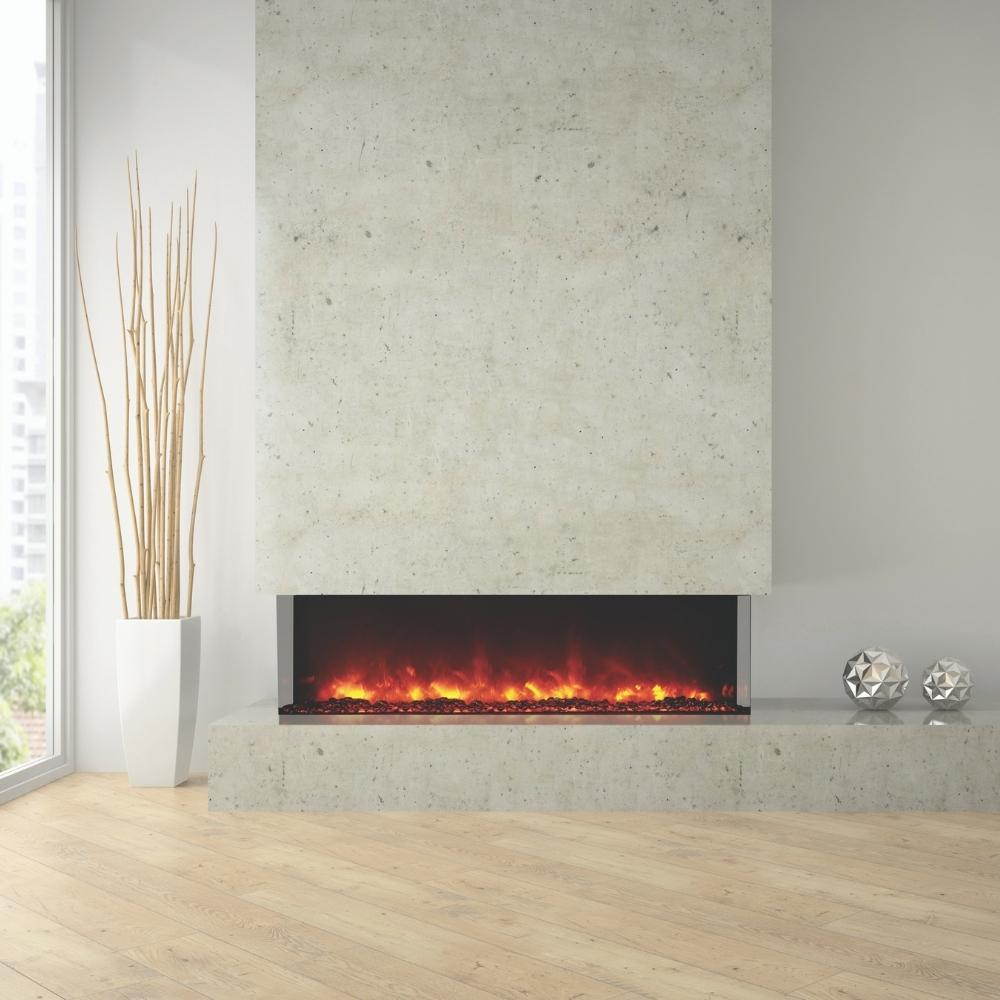 Amantii TRU-VIEW 60-Inch Indoor /Outdoor 3-Sided Smart Electric Fireplace (60-TRU-VIEW-XL) - A sleek modern fireplace set against pristine white walls.