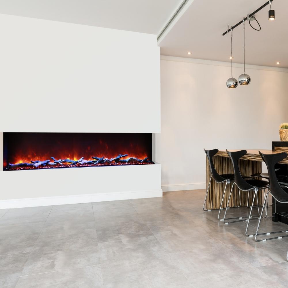 Amantii TRU-VIEW 72-Inch - A modern fireplace elegantly complements the dining room.