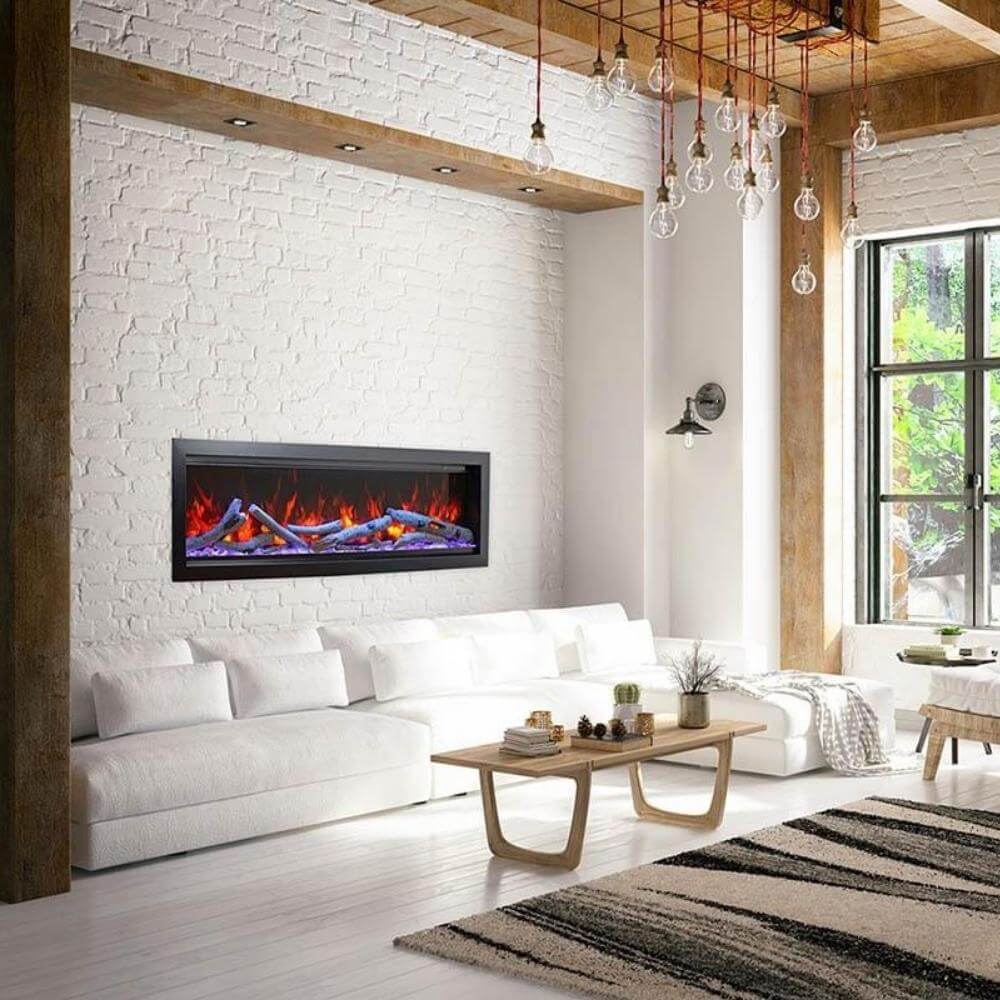 Amantii Symmetry Bespoke Electric Fireplace - A contemporary living room featuring a fireplace with dazzling flames