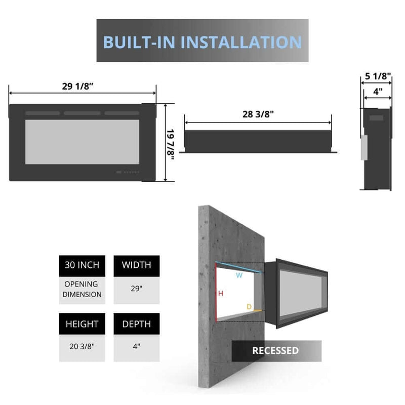 Amantii Panorama XS 30-Inch Built-in Indoor /Outdoor Smart Electric Fireplace (BI‐30‐XTRASLIM) - Visual presentation of fireplace dimensions.
