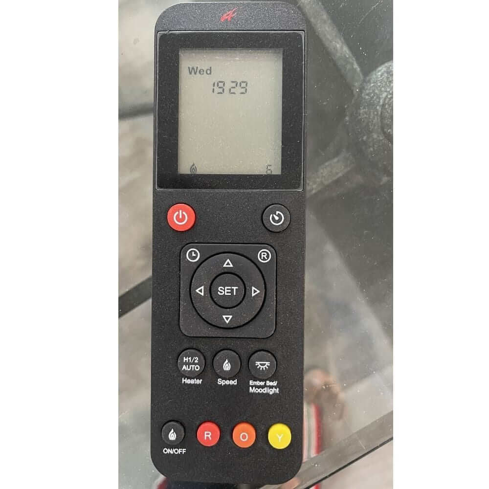 Amantii Panorama XT 40-Inch Indoor /Outdoor Smart Electric Fireplace (BI-40-DEEP-XT) - Fireplace remote control on a glass table.