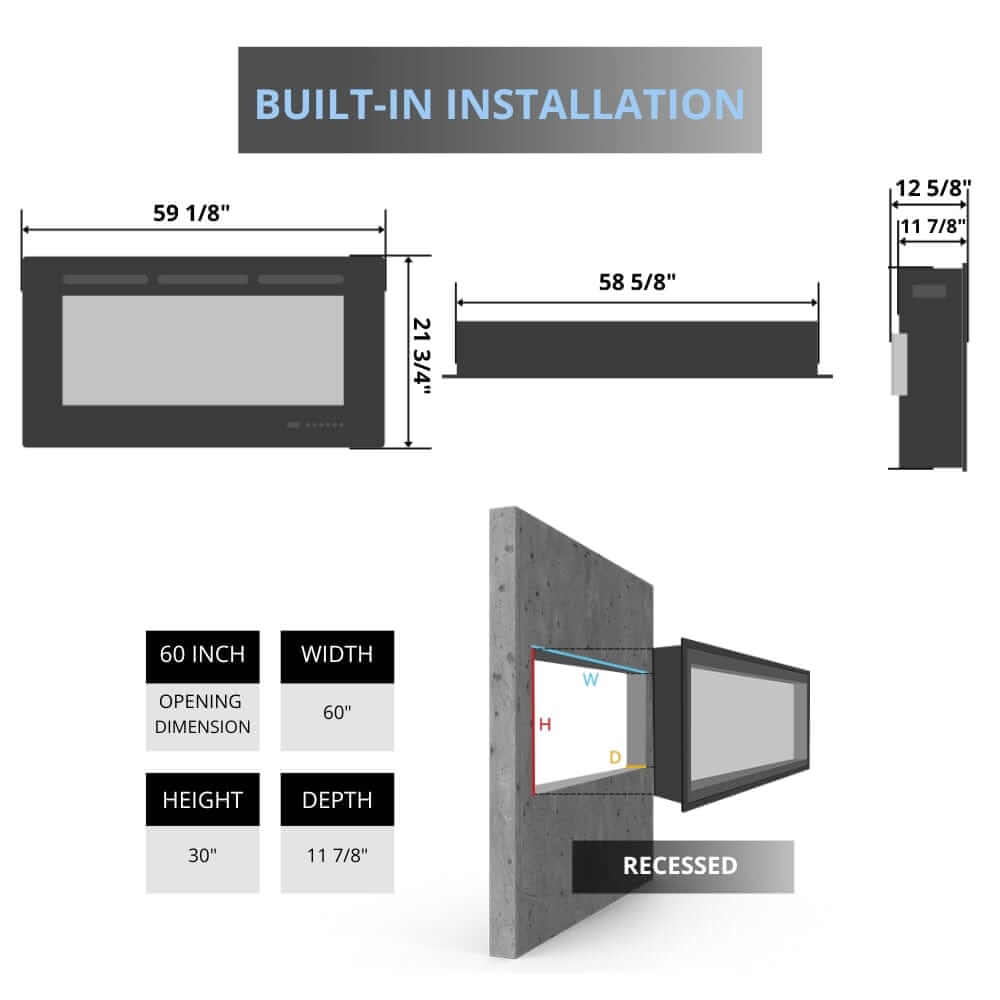Amantii Panorama XT 60-Inch Indoor/Outdoor Smart Electric Fireplace (BI-60-DEEP-XT) - Visual presentation of fireplace specifications.
