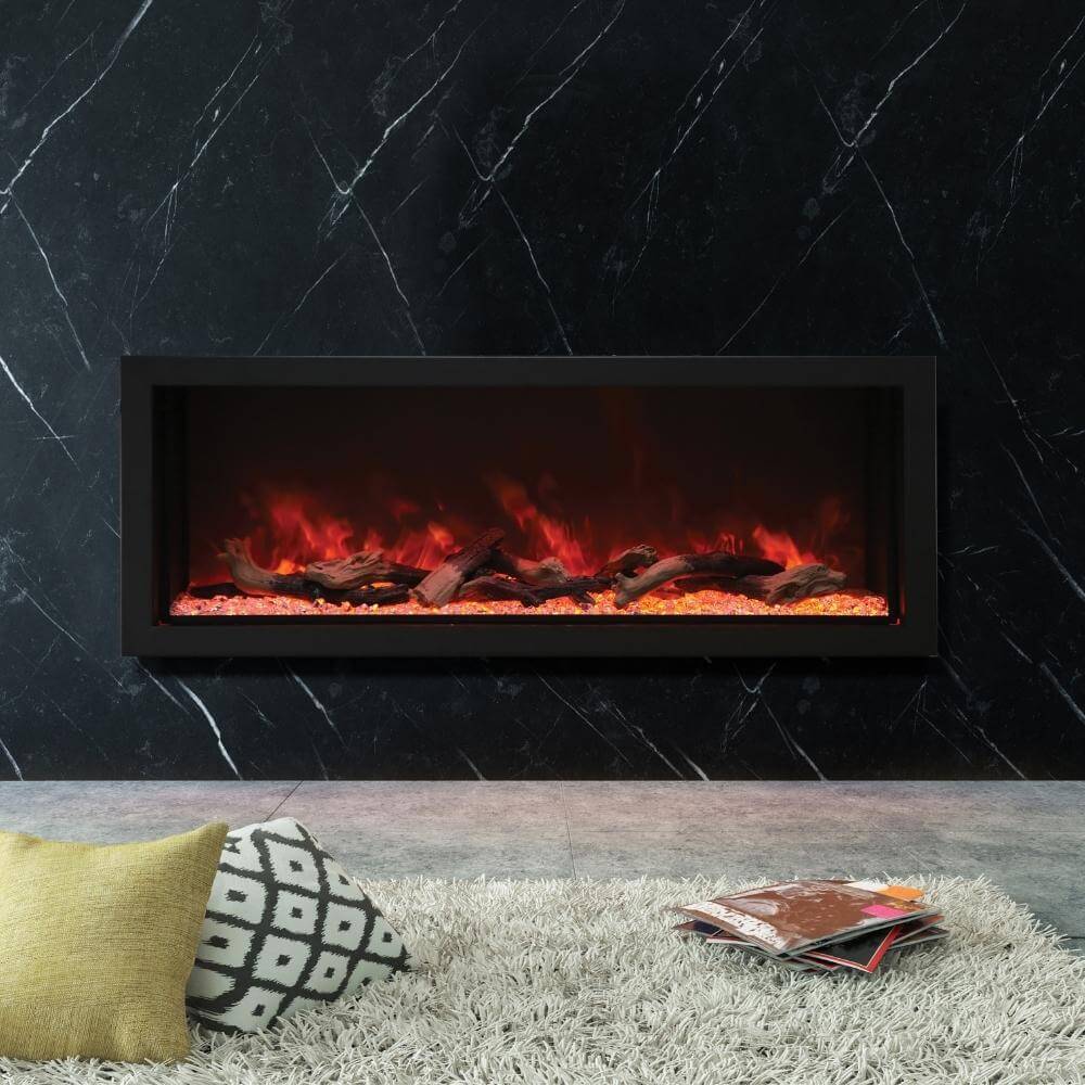 Amantii Panorama XT 60-Inch Indoor/Outdoor Smart Electric Fireplace (BI-60-DEEP-XT) - Modern electric fireplace featuring a striking black marble finish.