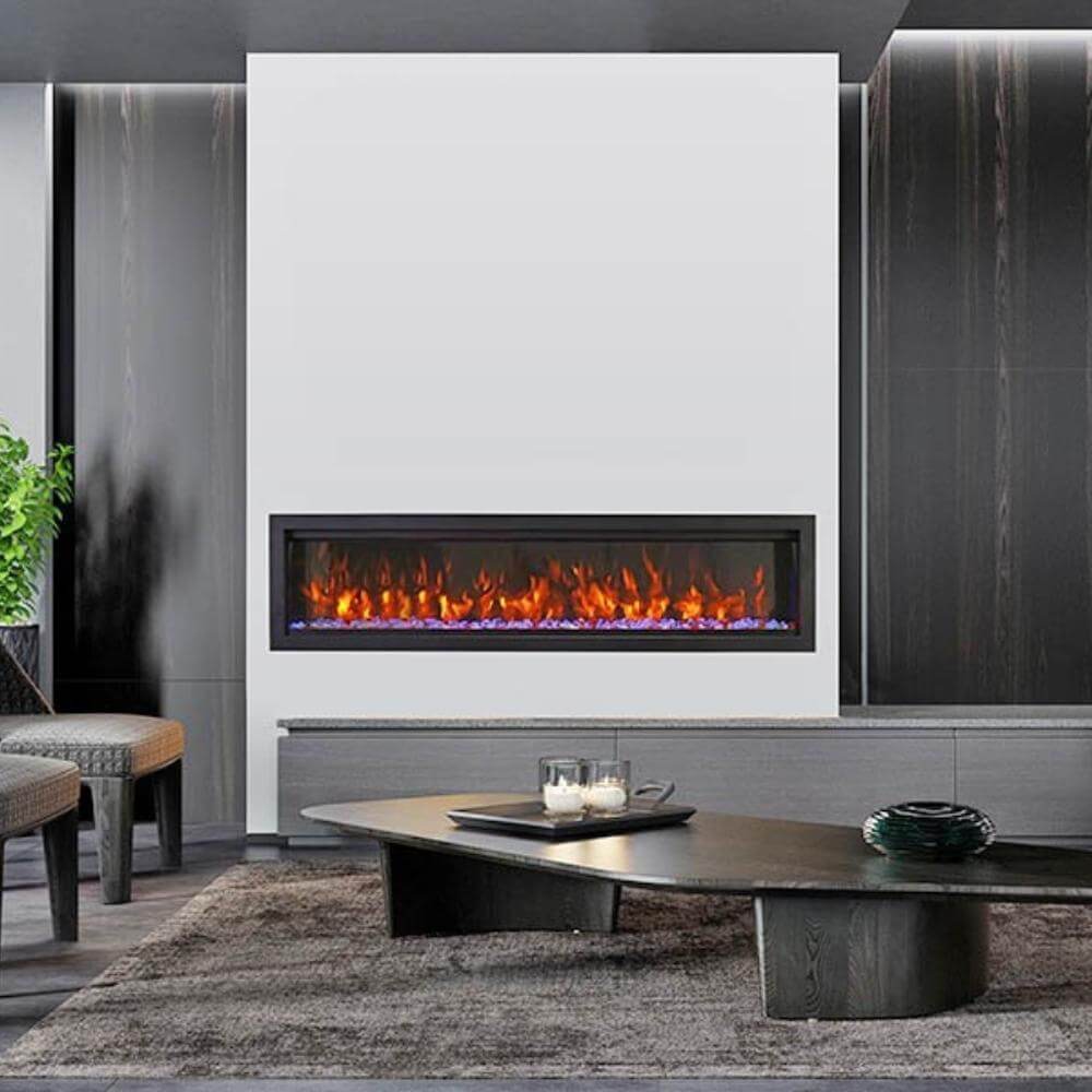 Amantii Symmetry Bespoke Electric Fireplace - A sleek modern fireplace enhances the cozy ambiance of a stylish living room