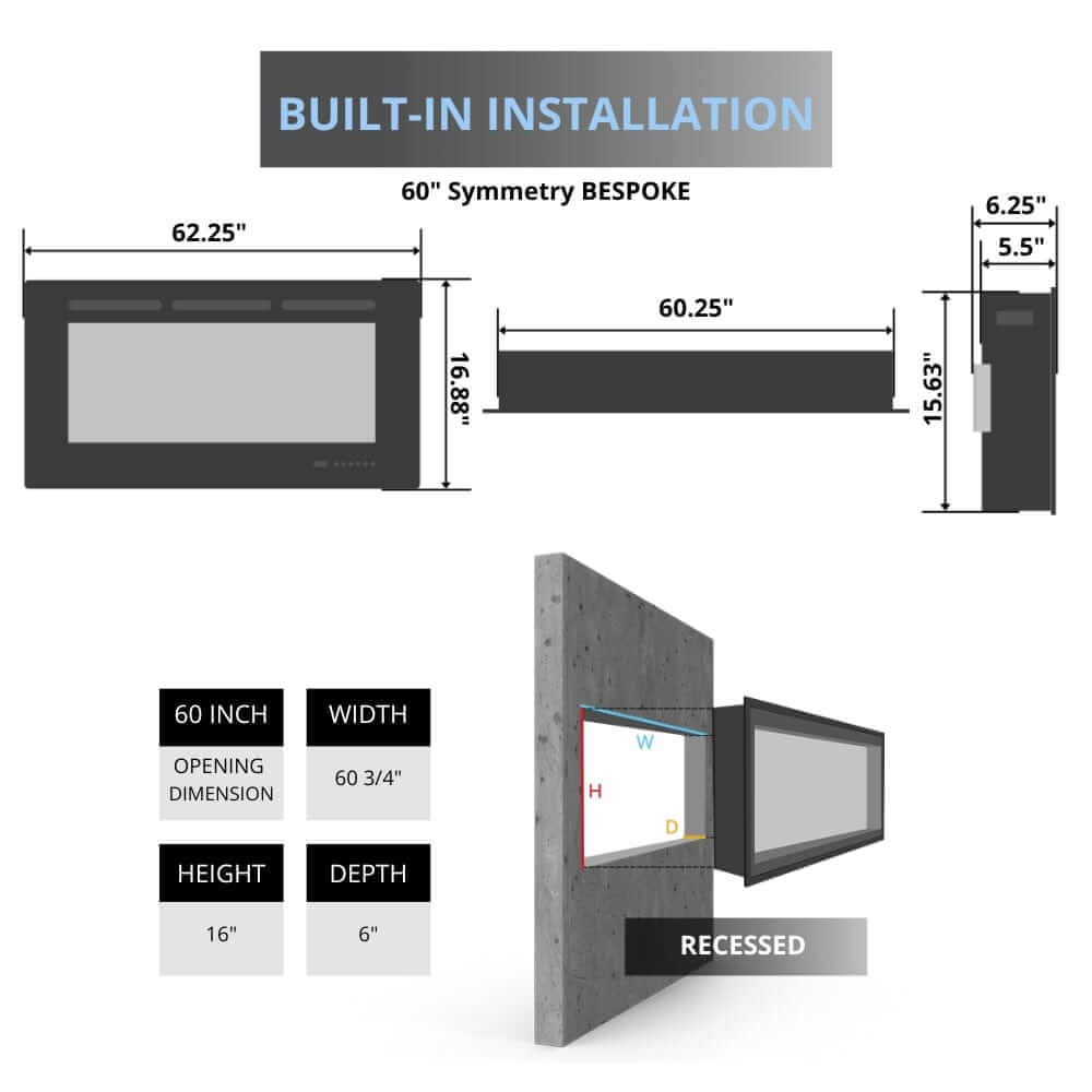 Amantii Symmetry Bespoke Electric Fireplace - 60" Fireplace dimensions on a white background