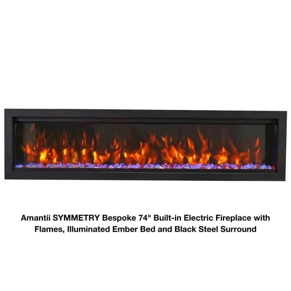 Amantii Symmetry Bespoke Electric Fireplace - A fireplace with an illuminated ember bed on a white background with descriptive text