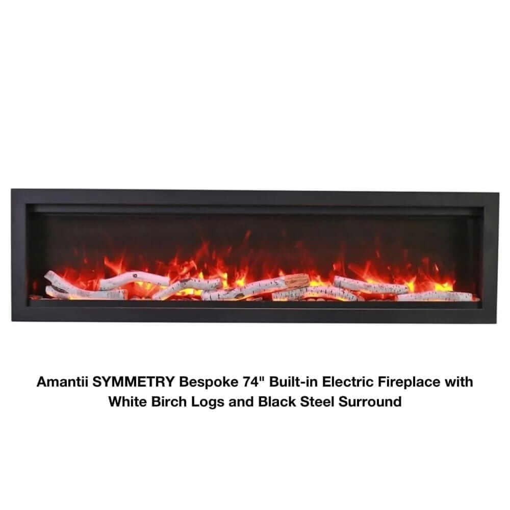 Amantii Symmetry Bespoke Electric Fireplace - A fireplace with white logs on a white background with descriptive text