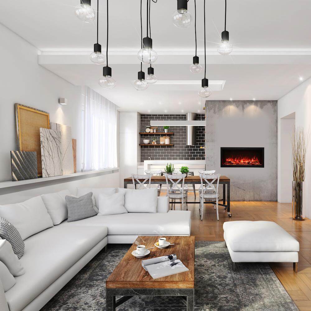 Amantii Symmetry XT Premium Electric Fireplace with Smart Control - A contemporary living room adorned with white furnishings and a warm fireplace