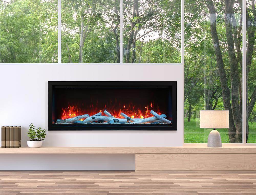 Amantii Symmetry XT Premium Electric Fireplace with Smart Control - A stylish modern fireplace enhances a sunlit room