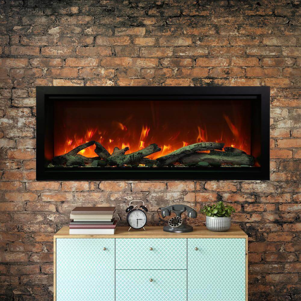 Amantii Symmetry XT Premium Electric Fireplace with Smart Control - A sleek modern fireplace set against a rustic brick wall