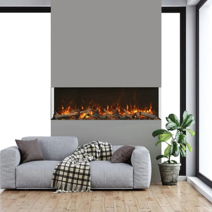 Amantii TRU-VIEW 40-Inch Indoor /Outdoor 3-Sided Smart Electric Fireplace (40-TRU-VIEW-XL) - A contemporary living room featuring a cozy fireplace and couch.