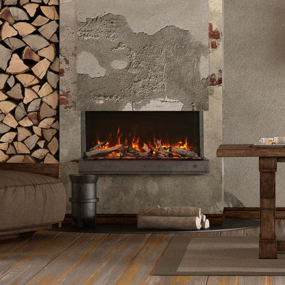 Amantii TRU-VIEW 40-Inch Indoor /Outdoor 3-Sided Smart Electric Fireplace (40-TRU-VIEW-XL) - A charming fireplace with stacked logs and wood.