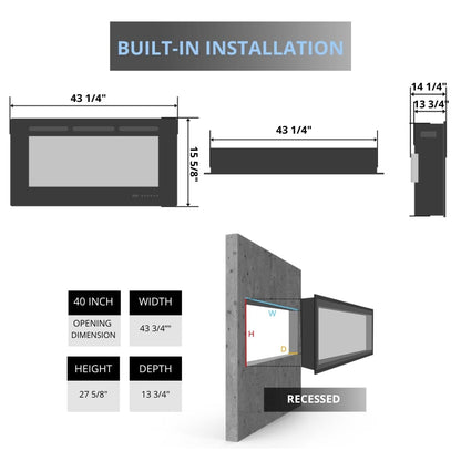 Amantii TRU-VIEW 40-Inch Indoor /Outdoor 3-Sided Smart Electric Fireplace (40-TRU-VIEW-XL) - Visual presentation of fireplace dimensions.