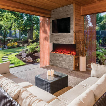 Amantii TRU-VIEW 50-Inch Indoor /Outdoor 3-Sided Smart Electric Fireplace (50-TRU-VIEW-XL) - An outdoor living area featuring a cozy fireplace and a mounted television.