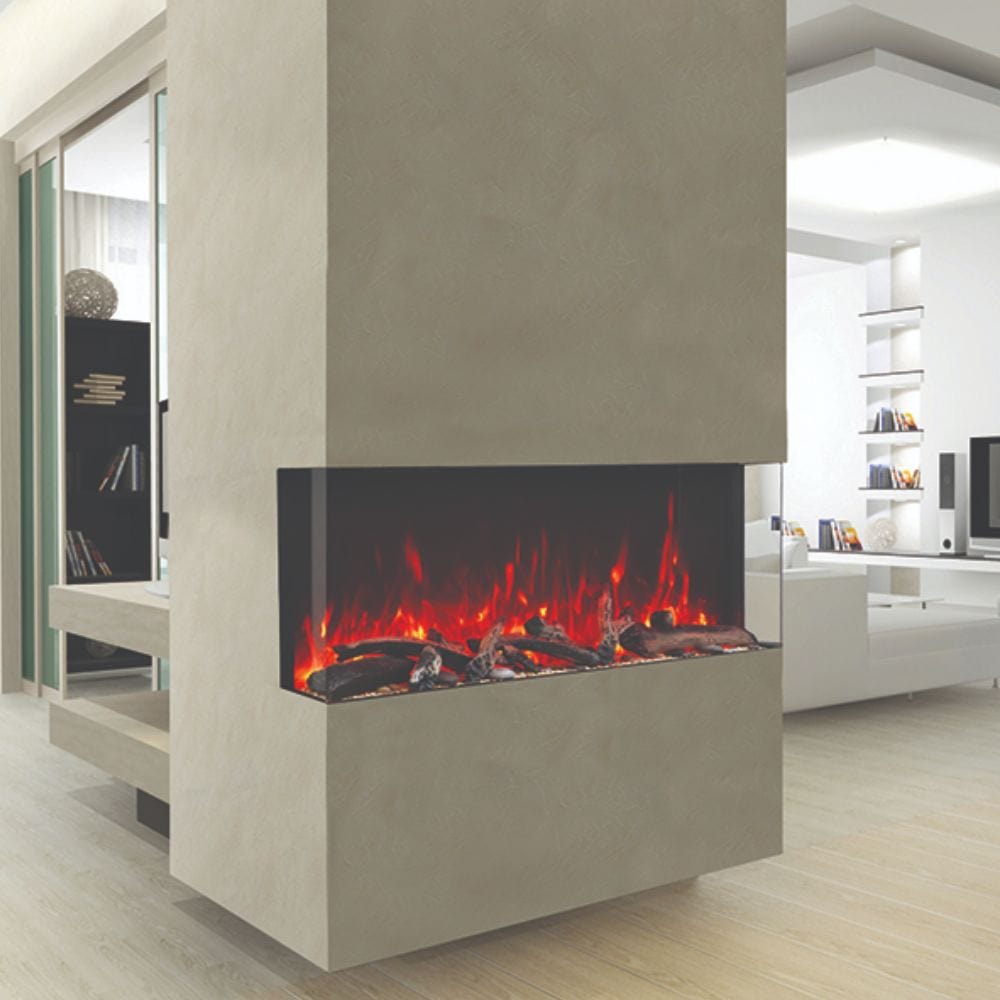 Amantii TRU-VIEW 50-Inch Indoor /Outdoor 3-Sided Smart Electric Fireplace (50-TRU-VIEW-XL) - A contemporary living room features a modern fireplace.