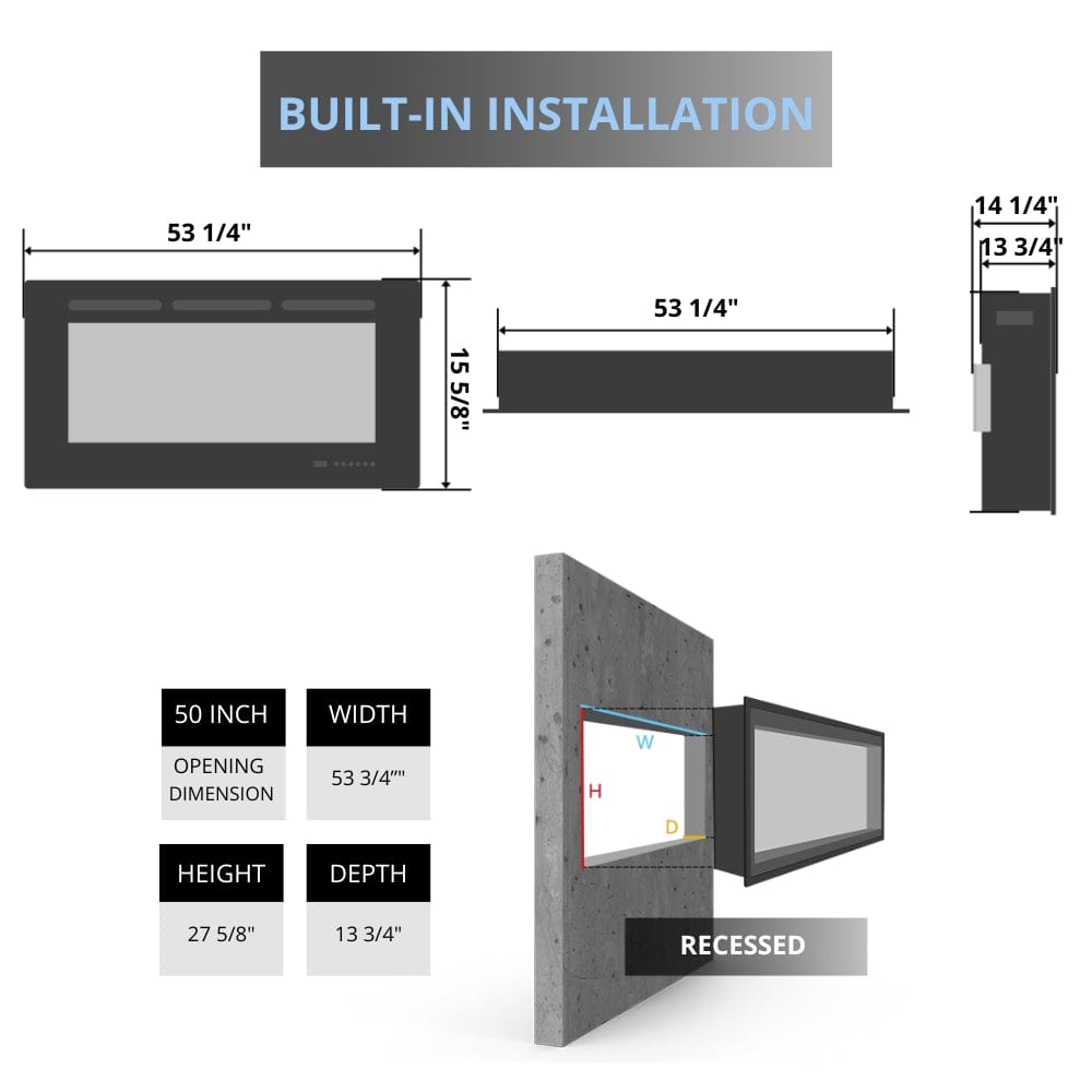 Amantii TRU-VIEW 50-Inch Indoor /Outdoor 3-Sided Smart Electric Fireplace (50-TRU-VIEW-XL) - Visual presentation of fireplace measurements.