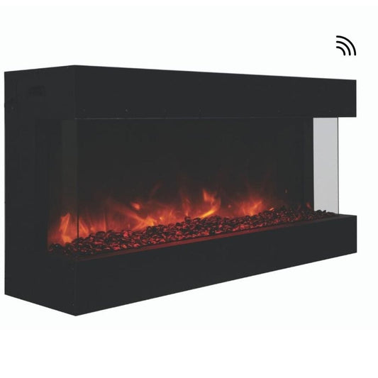 Amantii TRU-VIEW 50-Inch Indoor /Outdoor 3-Sided Smart Electric Fireplace (50-TRU-VIEW-XL) - An electric fireplace with a sleek design in white background.