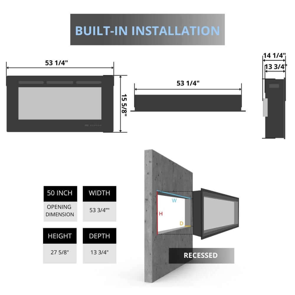 Amantii TRU-VIEW 50-Inch Indoor /Outdoor 3-Sided Smart Electric Fireplace (50-TRU-VIEW-XL) - Visual presentation of fireplace measurements.