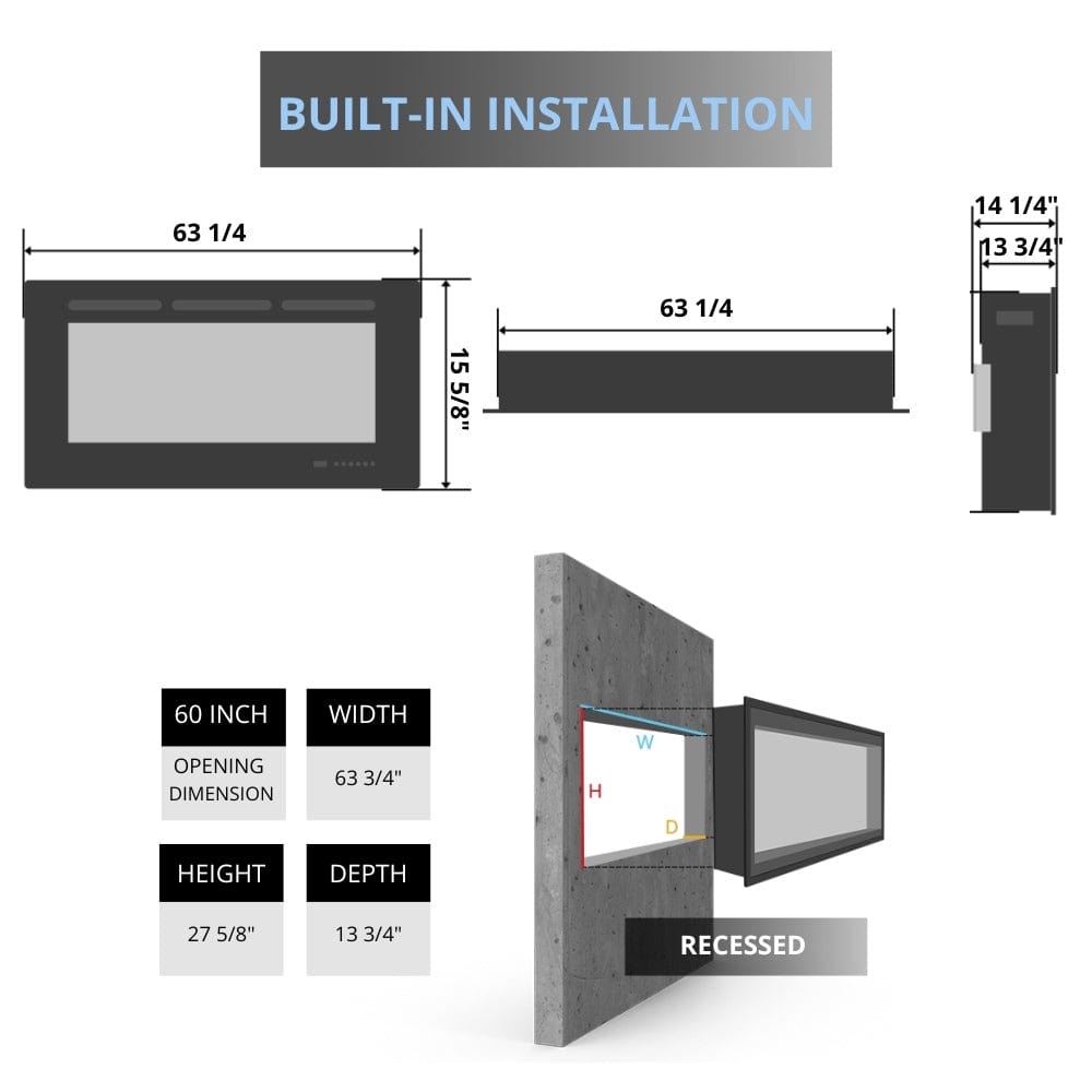 Amantii TRU-VIEW 60-Inch Indoor /Outdoor 3-Sided Smart Electric Fireplace (60-TRU-VIEW-XL) - Visual presentation of fireplace specifications.