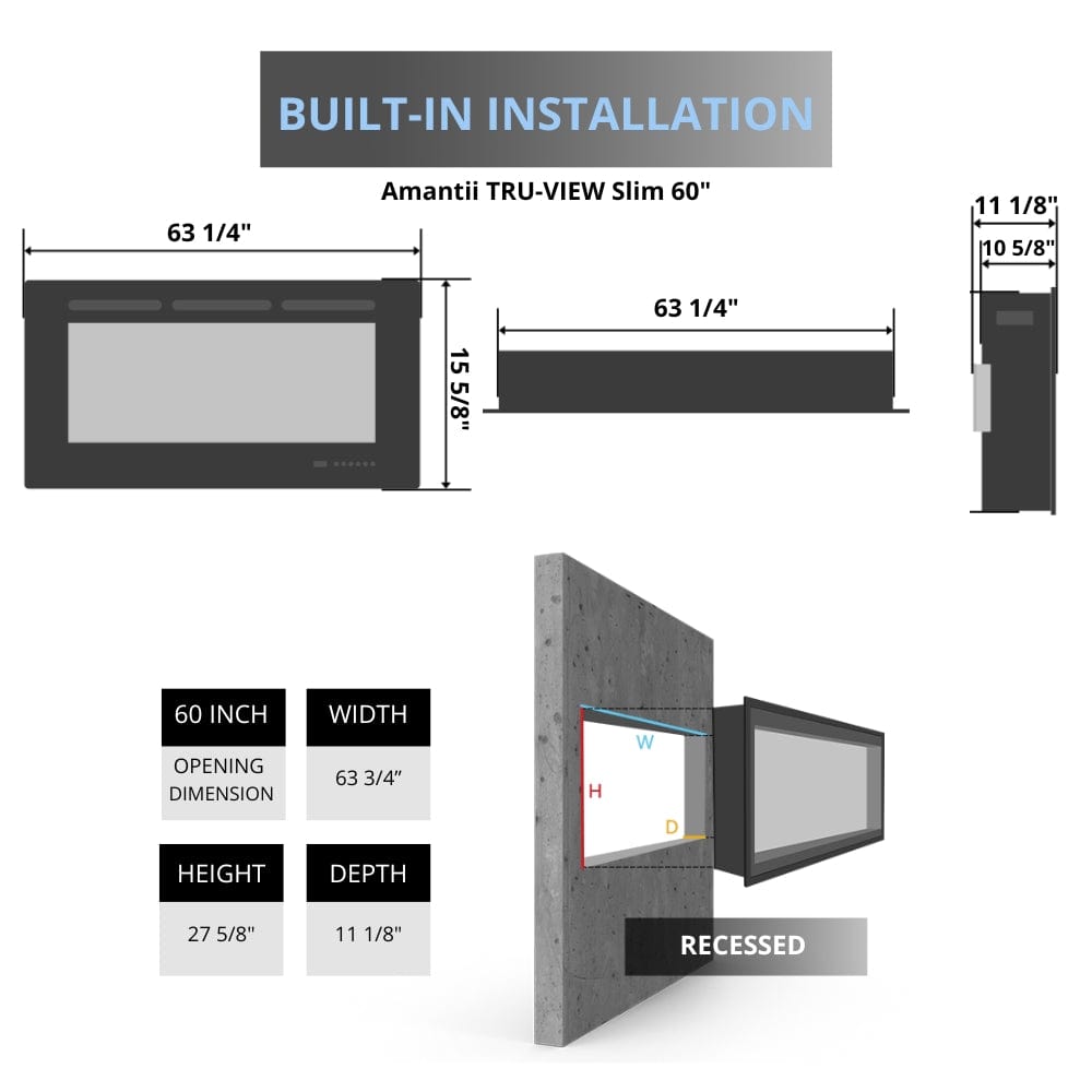 Amantii True View Slimline Smart Electric Fireplace - 60" Fireplace dimensions on a white background