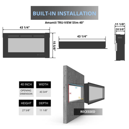 Amantii True View Slimline Smart Electric Fireplace - 40" Fireplace dimensions on a white background