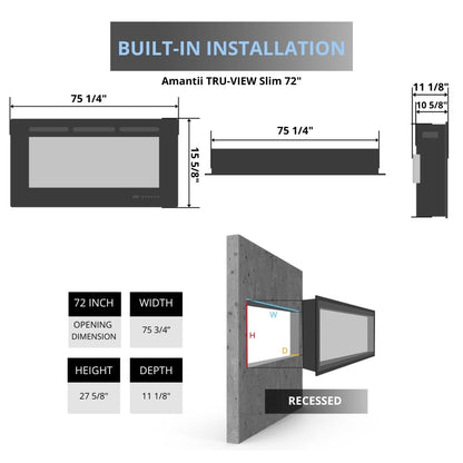 Amantii True View Slimline Smart Electric Fireplace - 72" Fireplace dimensions on a white background